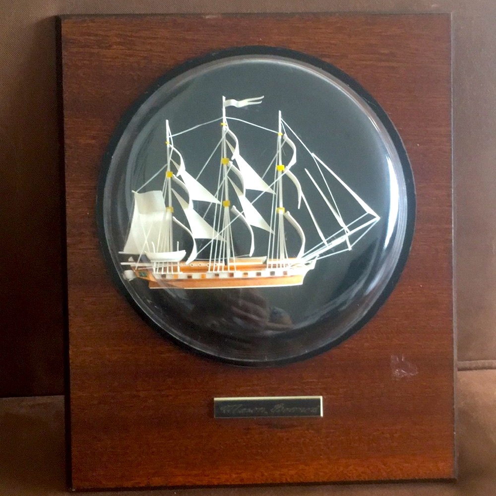Vintage Sail Ship Model in Bubble Glass on Cherry Wood Finished Base